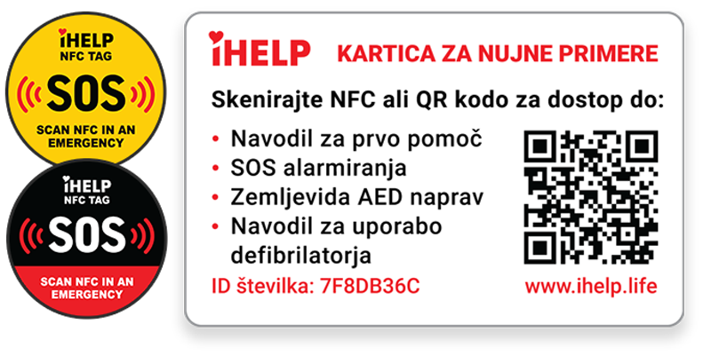 SOS NFC-QR nalepka ali kartica za AED - prvo pomoč - komplet prve pomoči