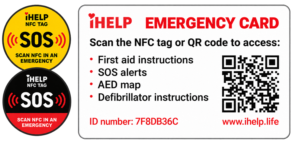 SOS NFC-QR sticker or card for an AED, first aid and first aid kit
